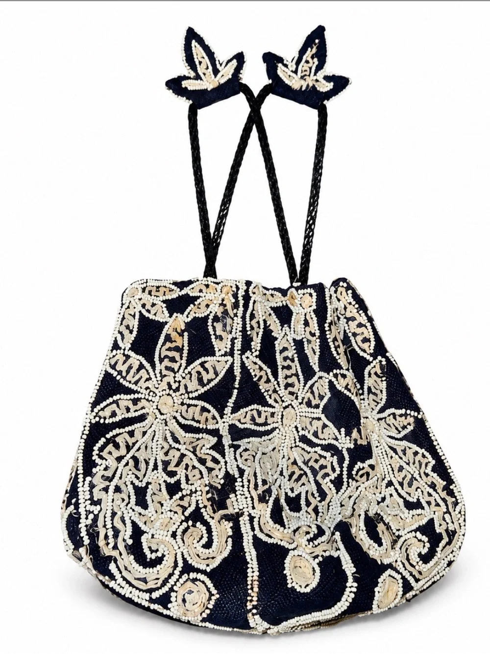 Black Beaded Floral Drawstring Evening Bag cinch top nylon straps ornate vintage